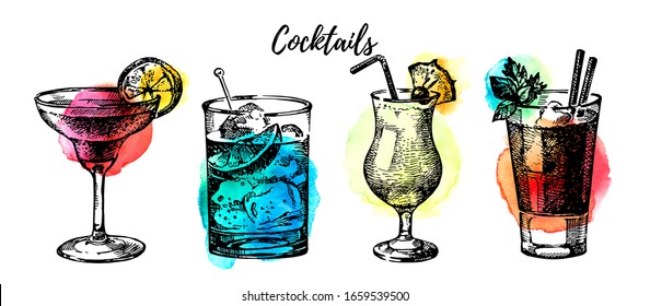 Hand drawn vintage cocktails set. Sketch retro drinks vector illustration isolated on white background