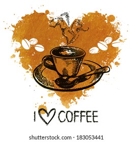 Hand drawn vintage coffee background with splash watercolor heart and sketch illustration