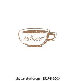 Hand drawn vintage coffee and cup vector illustration. A cup of coffee or espresso. Pencil drawn in vintage engraving style. Isolated on a white background.