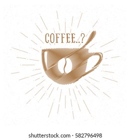 Hand drawn vintage coffee cup. Embroidery. Sketch style. Vector illustration. T-shirt print. Poster. Logo. Hipster.
