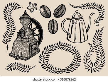 hand drawn vintage coffee element and flower floral design, vector illustration