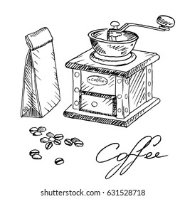 Hand drawn vintage coffee grinder, package with coffee and coffee beans. Sketch, vector illustration.