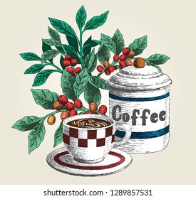 Hand drawn vintage coffee latte cup and utensil vector illustration. Coffee cup, coffee plant, coffee bean, utensil.