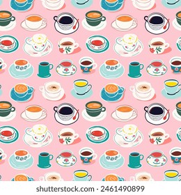 Hand drawn vintage coffee mug seamless pattern. Breakfast tea cup background illustration with retro floral print, fine china hot drink wallpaper texture.