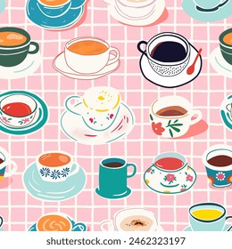 Hand drawn vintage coffee mug seamless pattern. Breakfast tea cup background illustration with retro floral print, fine china hot drink wallpaper texture.	