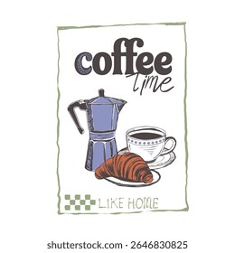 hand drawn Vintage Coffee Scene With Mocha Pot And Croissant, t shirt design. breakfast graphics