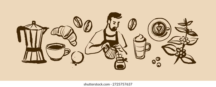 Handgezeichnetes Vintage-Kaffeeset. Café-Menü und Verpackungsdesign. Whimsical Skizze, Vektorgrafik. 