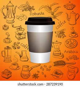 Hand drawn vintage coffee set with cup of coffee, excellent vector illustration, EPS 10