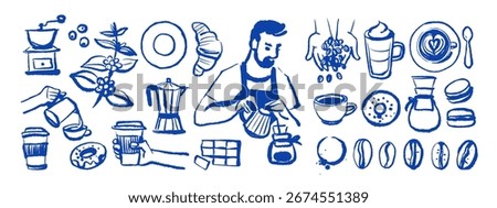 Hand drawn vintage coffee set. Cafe menu and packaging design. Whimsical sketch vector illustration. 
