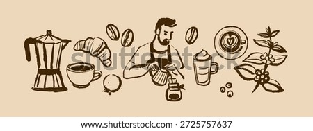Hand drawn vintage coffee set. Cafe menu and packaging design. Whimsical sketch vector illustration. 