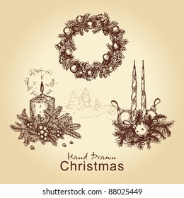 hand drawn vintage collection with christmas wreath, balls, tree and candles, for xmas design