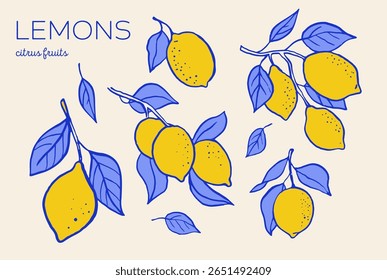 Hand drawn vintage collection of lemon illustrations. Retro citrus vector drawings and graphic elements in Italian La Dolce Vita style.