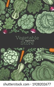 Hand Drawn Vintage Color Vegetables Design. Organic Fresh Food Vector Banner Template. Retro Vegetable Background. Traditional Botanical Illustrations.