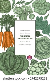 Hand drawn vintage color vegetables design. Organic fresh food vector banner template. Retro vegetable background. Traditional botanical illustrations.