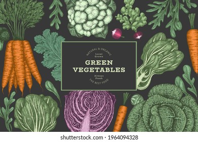 Hand Drawn Vintage Color Vegetables Design. Organic Fresh Food Vector Banner Template. Retro Vegetable Background. Traditional Botanical Illustrations On Dark Background.