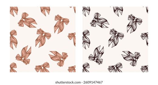 Hand drawn vintage colored and black seamless patterns of decorative bows