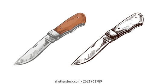 Hand drawn vintage colored and black sketch of a folding pocket knife with sharp blade and ergonomic handle. Isolated on white background. Perfect for camping, hiking, fishing gear, survival tools.