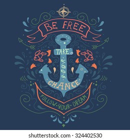 Hand drawn vintage colored label with an  anchor and lettering