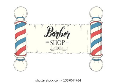 Hand drawn vintage colored signboard with classic Barber shop Pole and hand made lettering. Logo for Barber shop