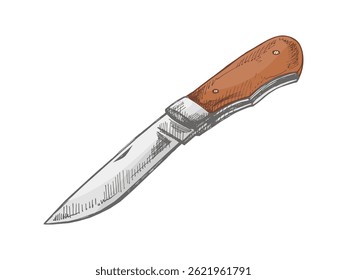 Hand drawn vintage colored sketch of a folding pocket knife with sharp blade and ergonomic handle. Isolated on white background. Perfect for camping, hiking, fishing gear, survival tools.