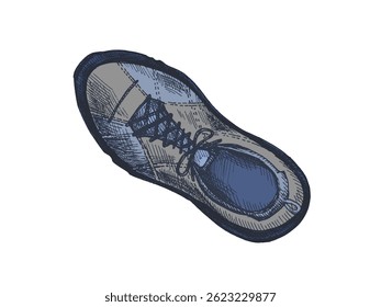 Hand drawn vintage colored sketch of a hiking boot isolated on white background. Perfect for trekking, mountain adventures, outdoor travel designs, camping and nature exploration themes.