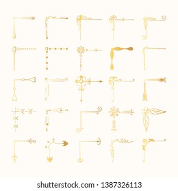 Hand drawn vintage corners and golden filigree borders. Flourish motif text decoration elements in retro style. Gold swirl wedding frames.