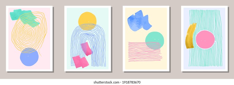Hand drawn vintage covers vector collection. Watercolor blots texture. 50s style design. Stylish artwork templates. Scribble elements.