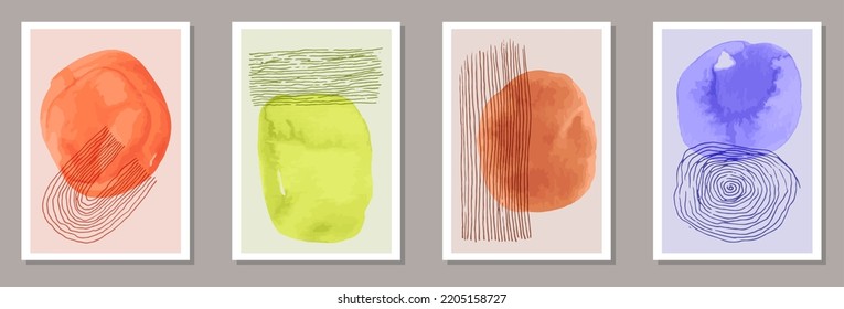 Hand drawn vintage covers vector collection. Watercolor splashes texture. Japanese style prints. Youth home decor templates. Scribble elements.