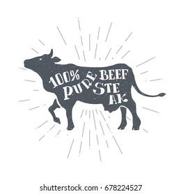 Hand drawn vintage cow. Sketch style Calf. Bull. Beef Meat. T-shirt print. Poster Logo.