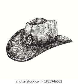 Hand drawn vintage cowboy hat with bull skull. Ink black and white drawing. Vector illustration