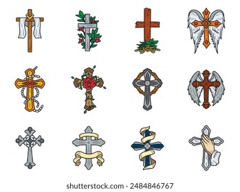 Hand Drawn Vintage Cross Illustration Colored Set