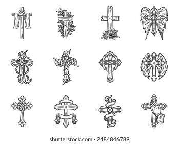 Hand Drawn Vintage Cross Illustration No Color Set