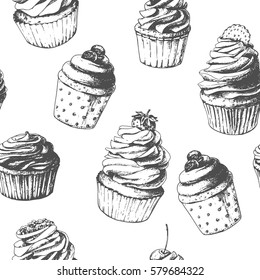 Hand drawn vintage cupcake sketch repeating pattern, black and white, can be used as seamless background. Vector food design.