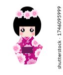Hand drawn vintage cute Japanese girl wearing flower kimono vector illustration, kokeshi doll, Japanese doll, traditional Asian oriental style, hina matsuri