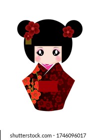 Hand drawn vintage cute Japanese girl wearing flower kimono vector illustration, kokeshi doll, Japanese doll, traditional Asian oriental style, hina matsuri