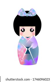 Hand drawn vintage cute Japanese girl wearing flower kimono vector illustration, kokeshi doll, Japanese doll, traditional Asian oriental style, hina matsuri