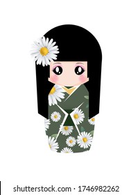 Hand drawn vintage cute Japanese girl wearing flower kimono vector illustration, kokeshi doll, Japanese doll, traditional Asian oriental style, hina matsuri