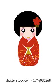 Hand drawn vintage cute Japanese girl wearing flower kimono vector illustration, kokeshi doll, Japanese doll, traditional Asian oriental style, hina matsuri