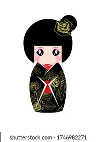 Hand drawn vintage cute Japanese girl wearing flower kimono vector illustration, kokeshi doll, Japanese doll, traditional Asian oriental style, hina matsuri