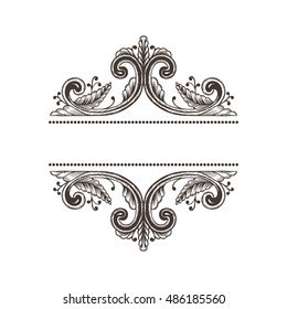 Hand Drawn Vintage damask ornamental elements for design. Baroque frame scroll ornament. Elegant abstract floral pattern border in antique style. Decorative foliage swirl edging.