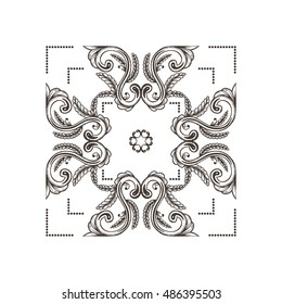 Hand Drawn Vintage damask ornamental element for design. Baroque square ornament. Retro Elegant abstract floral pattern border in antique style. Decorative foliage swirl edging design element.