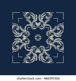 Hand Drawn Vintage damask ornamental element for design. Baroque square ornament. Retro Elegant abstract floral pattern border in antique style. Decorative foliage swirl edging design element.