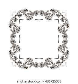 Hand Drawn Vintage damask ornamental elements for design. Baroque square frame scroll ornament. Retro Elegant floral pattern border in antique style. 