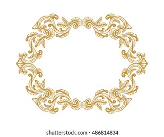 Hand Drawn Vintage damask ornamental elements for design. Baroque frame scroll ornament. Golden Elegant abstract floral pattern border in antique style. Decorative foliage swirl edging.