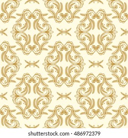 Hand Drawn Vintage damask ornamental elements endless background. Baroque scroll ornament seamless pattern. Golden Elegant abstract floral pattern in antique style
