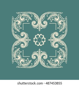 Hand Drawn Vintage damask ornamental element for design. Baroque square ornament. Retro Elegant abstract floral pattern border in antique style. Decorative foliage swirl edging design element.