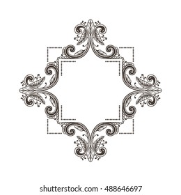 Hand Drawn Vintage damask ornamental elements for design. Baroque square frame scroll ornament. Retro Elegant floral pattern border in antique style.
