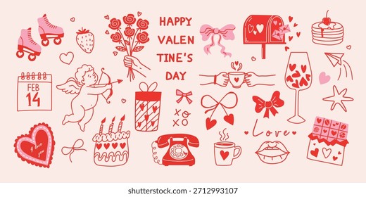 Hand drawn vintage Valentine’s Day elements set with cute bows, roller skates, cupid, hearts, ribbons, roses, cake and strawberries. Trendy doodle illustrations  for wedding invitation, birthday card.