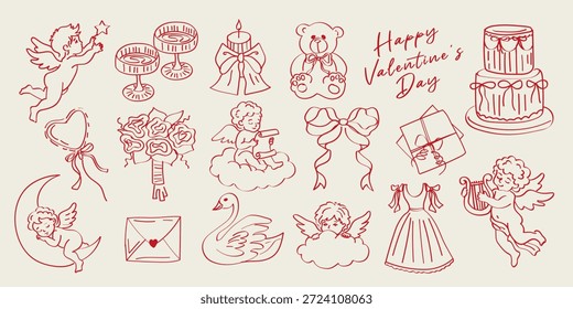 Elementos vintage de San Valentín dibujados a mano con lindos lazos, cisne, carta, cupidos, corazones, cintas, rosas, pastel y vela. Ilustraciones de moda del doodle para la invitación de la boda, tarjeta de cumpleaños.