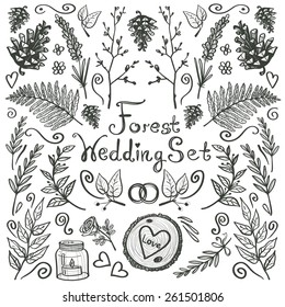 Hand drawn vintage decoration items. Set of isolated floral rustic forest wedding decorative symbols and elements. Black outline on white background